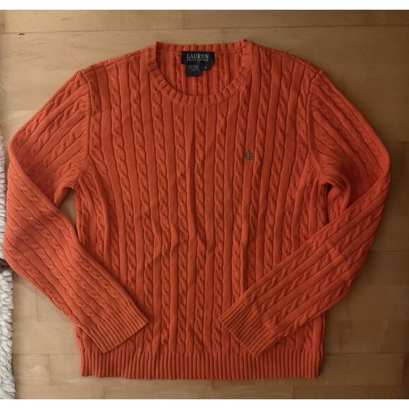 VTG Ralph Lauren Orange Cableknit Cotton Crewneck Sweater M - Picture 3 of 5